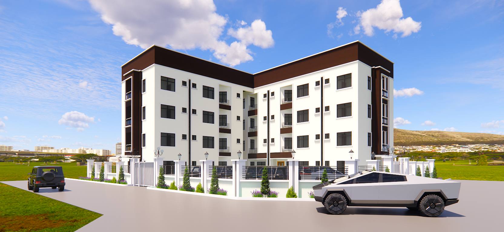 Mid-rise 16-unit apartment block, exterior 3D render