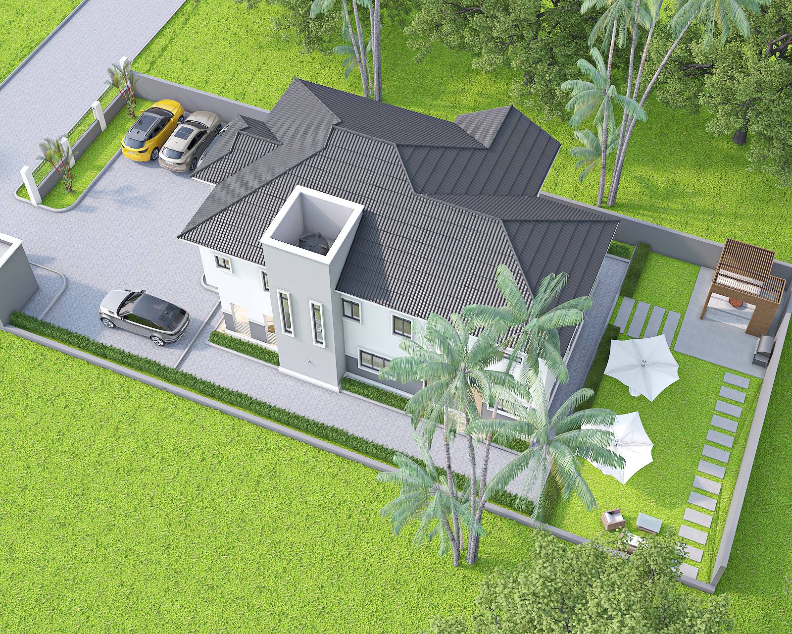 Single-family garden villa, aerial 3D render