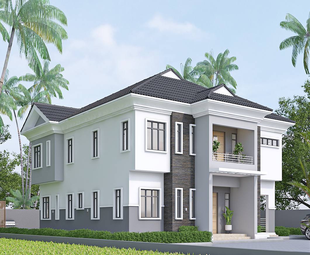 Stone-accent 5-bedroom villa, exterior 3D render